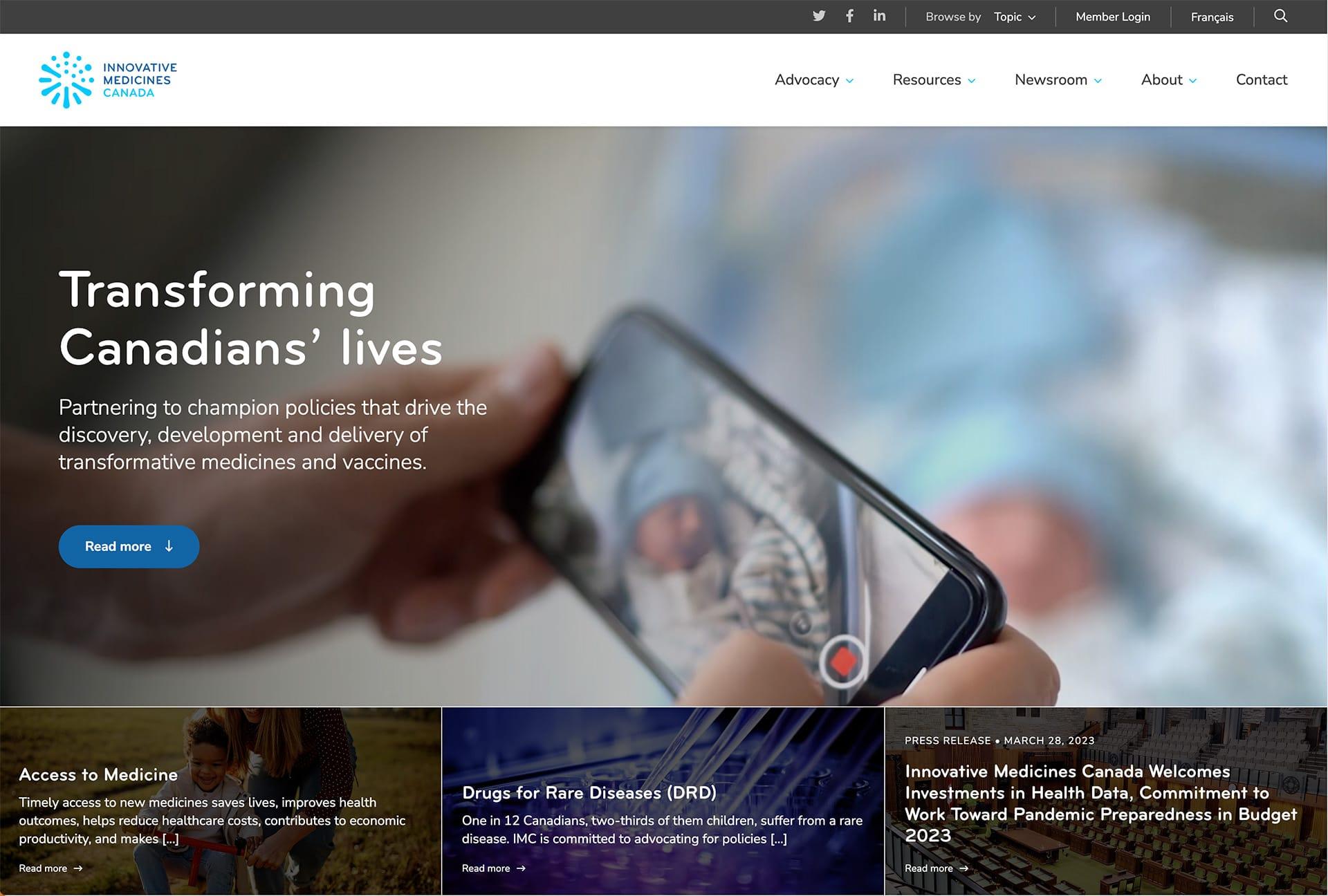 A screen capture of the Innovative Medicines Canada hero section - a national associations website design