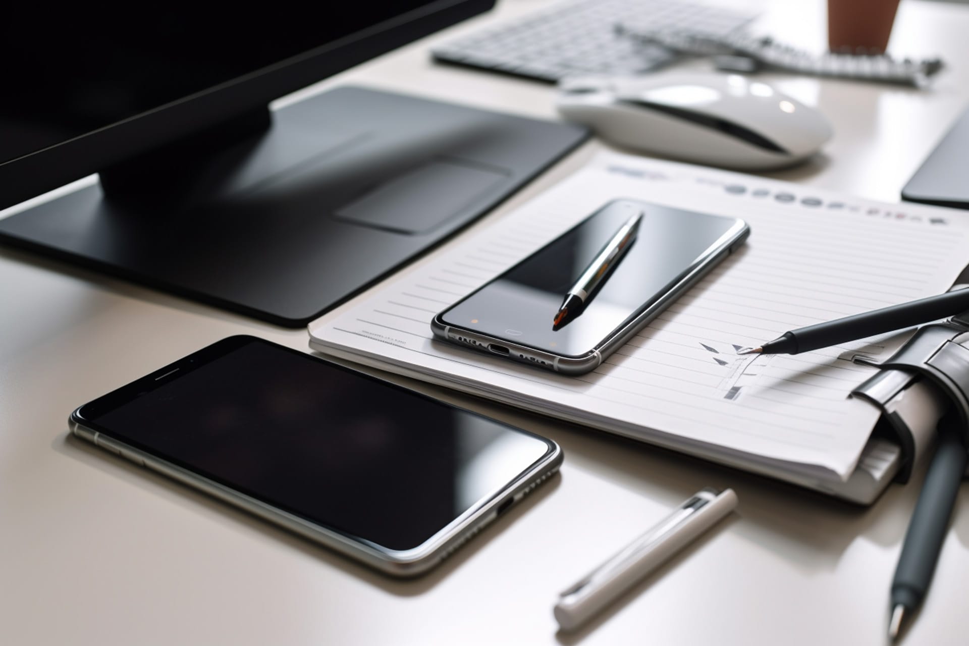 A photograph showing multiple devices used for social media management