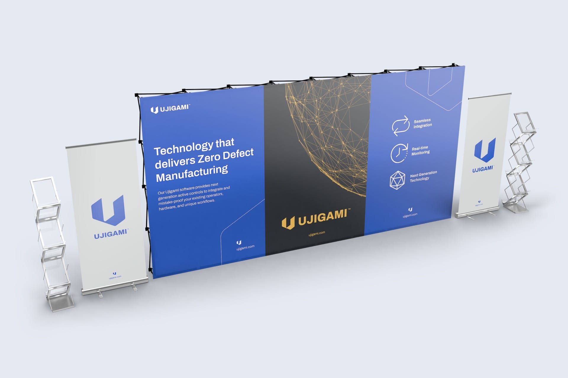 A mockup of a trade-show exhibit displaying the Ujigami Logo Design