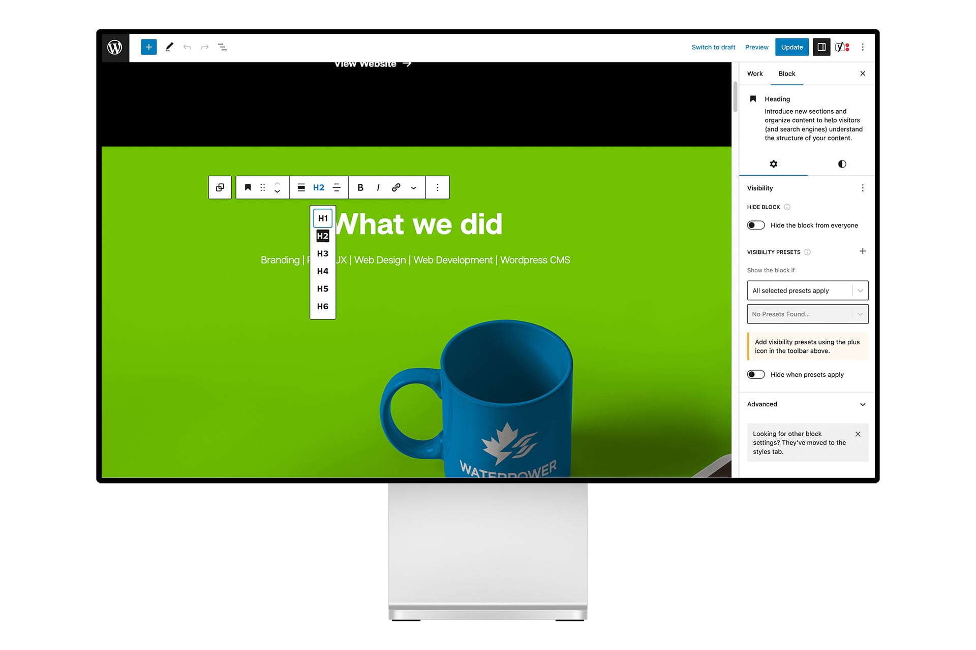 A screen showing the WordPress CMS back-end
